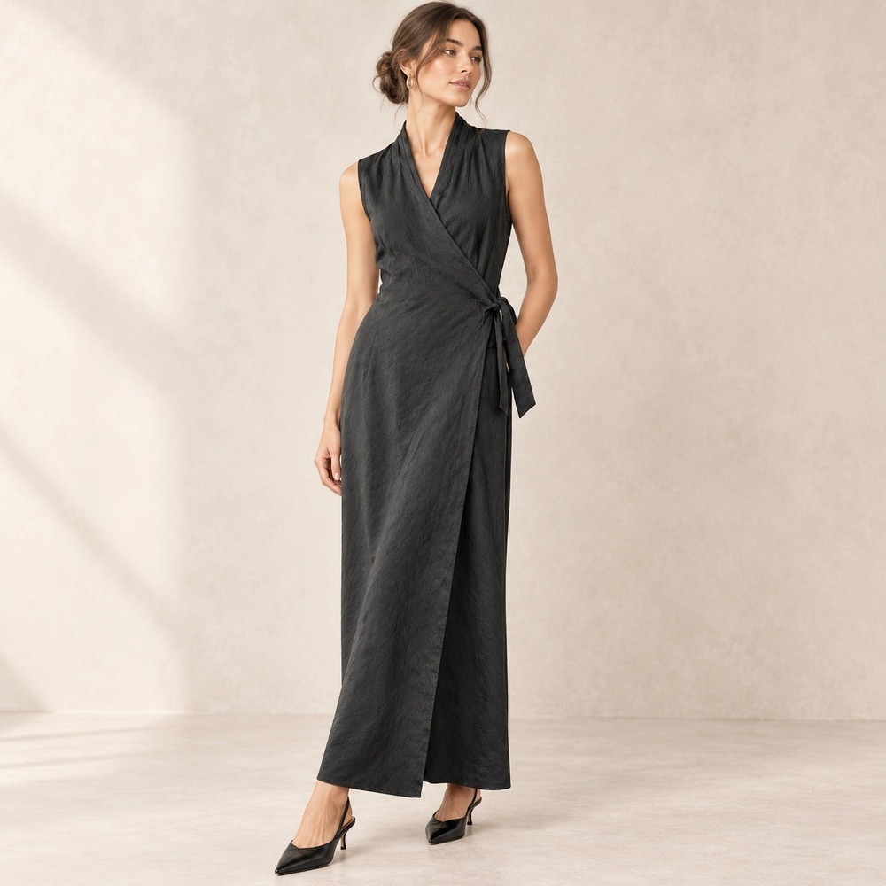 J. Jill 100% Silk Wrap Maxi Dress Crinkle Black Minimalist Goth Old Money S EUC - Picture 2 of 13